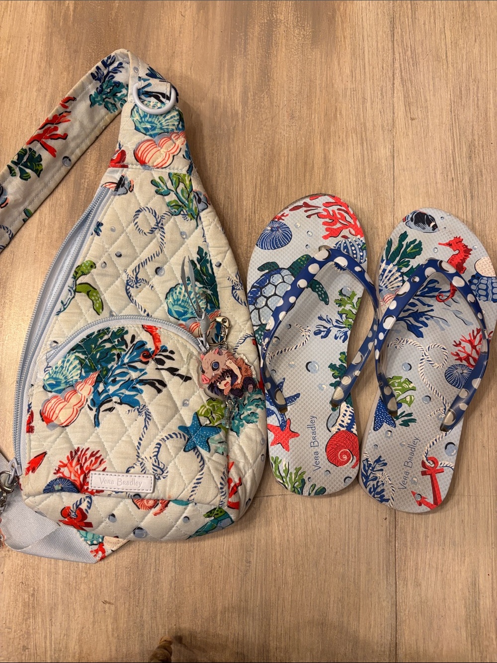 Vera Bradley Light Gray Multi Ocean-Print Quilted Sling Bag & Flip Flops